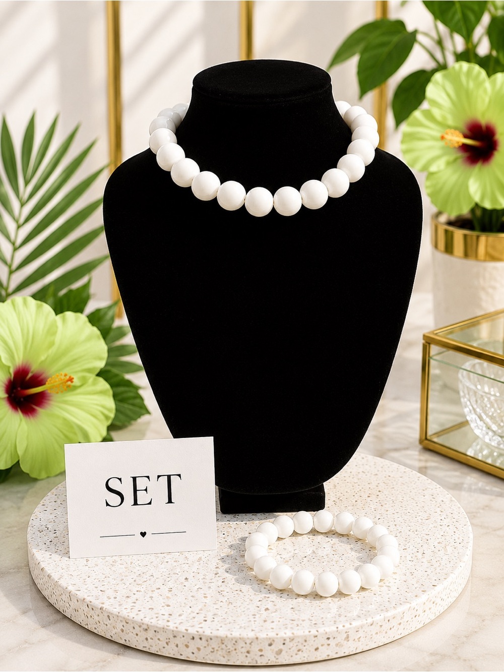 White Beaded Necklace & Bracelet Set - Women Jewelry